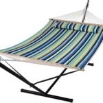 SUNCREAT Hammock with Stand 2 Person Heavy Duty, Freestanding Hammock with Spreader Bar, Soft Pillow, Green Stripes