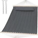 SUNCREAT Portable Tree Hammock with Hardwood Spreader Bar, Extra Large Soft Pillow, Heavy Duty 2 Person Hammock for Indoor, Outdoor, Gray