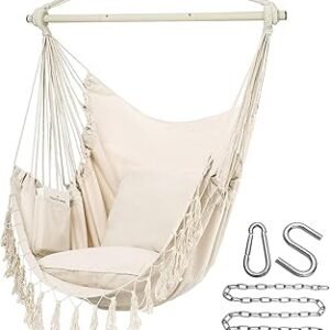 Y- STOP Hammock Chair Hanging Rope Swing, Max 500 Lbs, 2 Cushions Included, Large Macrame Hanging Chair with Pocket for Superior Comfort, with Hardware Kit (Beige)