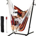 ZEYU Hammock Chair with Stand Double Hammock Chair Bohemian Style with Tassel Mobile Phone Support Manual Adjustable Swing Indoor and Outdoor Garden Porch with Floor mat Reclining Capacity 400 pounds