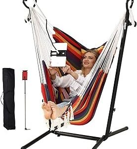 ZEYU Hammock Chair with Stand Double Hammock Chair Bohemian Style with Tassel Mobile Phone Support Manual Adjustable Swing Indoor and Outdoor Garden Porch with Floor mat Reclining Capacity 400 pounds