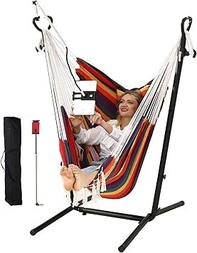 ZEYU Hammock Chair with Stand Double Hammock Chair Bohemian Style with Tassel Mobile Phone Support Manual Adjustable Swing Indoor and Outdoor Garden Porch with Floor mat Reclining Capacity 400 pounds