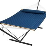 SUPERJARE Hammock with Stand, 2 Person Quilted Outdoor Hammock, Detachable Pillow & Bamboo Spreaders, Portable Hammock with Carrying Bag, Heavy Duty Stand, Perfect for Outside, Patio, Navy Blue