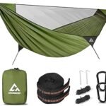 Camping Hammock with Mosquito Net – Portable Parachute Nylon Backpacking Hammock with Tree Straps, Camp Rope & Stake - for Hiking, Backpacking, Travel, Backyard, Beach – Holds Up to 500lbs (Green)
