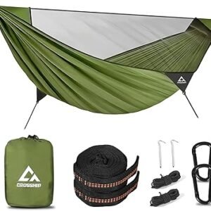 Camping Hammock with Mosquito Net – Portable Parachute Nylon Backpacking Hammock with Tree Straps, Camp Rope & Stake - for Hiking, Backpacking, Travel, Backyard, Beach – Holds Up to 500lbs (Green)