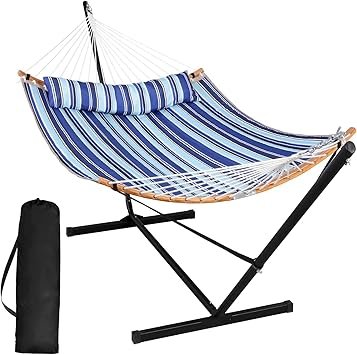 SUNCREAT Double Hammock with Stand Included, Portable Hammock with Stand and Large Pillow, Blue Stripes