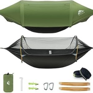 Camping Hammock Tent with Mosquito Net & RainFly, 3 in 1 Waterproof Portable Sleeping Hammock Bug Backpacker Lightweight Outdoor Gear Swing for Hiking Travel Patio Expedition(Dark Green)