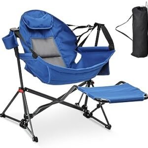 Ainfox Hammock Camping Chair with Footrest, Foldable Portable Rocking Chairs for Adults Outside Swinging Camp with Cup Holder Pillow for Outdoor Patio Poolside (Blue)