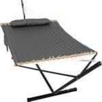 GAFETE 2 Person Hammock with Stand for Outside, Heavy Duty Steel Stand, 55inch Double Hammocks, Large Removable Pillow, Storage Bags, Max 475 lbs Capacity (Haze Gray)