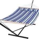 SUNCREAT Two Person Hammock with Stand Heavy Duty, Free Standing Hammocks Outdoors for 2 Person, Max 475lbs Capacity, Blue Stripes