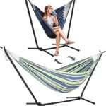 SUNCREAT 2-in-1 Convertible Backyard Fabric Hammock with Stand, Large Hammocks for Outside, Patented, Light Green Stripes