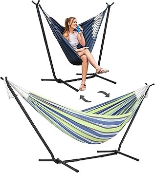 SUNCREAT 2-in-1 Convertible Backyard Fabric Hammock with Stand, Large Hammocks for Outside, Patented, Light Green Stripes