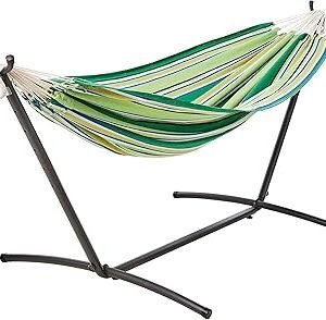 Amazon Basics Double Hammock with 9-Foot Space Saving Steel Stand and Carrying Case, 450 lb Capacity, Vigor Green, 110" x 47" x 43"