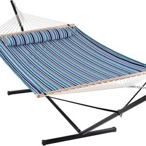 ANOW Double Hammock with Stand 12FT, Heavy Duty Hammock with Stand for Outdoors, 450 LBS Weight Capacity, Blue Stripes