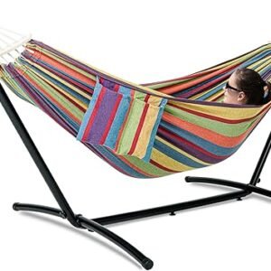 GAFETE Double Hammock with Stand for Outside, Upgraded Spreader Bar, Heavy Duty Space Saving Steel Stand 2 Person, Side Pockets, Easy Assembly, 600lbs Weight Capacity, Indoor & Outdoor (Classic Red)