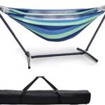 Double Hammock with Freestanding Steel Stand, Portable & Easy Setup, 550lb Capacity Heavy Duty for Patio, Garden,Backyard, Camping, Indoor & Outdoor - Includes Carry Bag (Blue Stripe)
