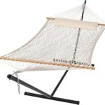 SUNCREAT Double Outdoor Hammock with Stand Included, Portable Cotton Rope 2 Person Hammock for Outdoor, Patio, Garden, Backyard, Beige