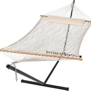 SUNCREAT Double Outdoor Hammock with Stand Included, Portable Cotton Rope 2 Person Hammock for Outdoor, Patio, Garden, Backyard, Beige