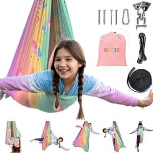 OUTREE Sensory Swing for Kids, Double Layer Therapy Hammock, Indoor Swing with 360° Swivel Hanger Kit and Adjustable Straps, Autism Sensory Product for Autism, ADHD (Unicorn Printed)