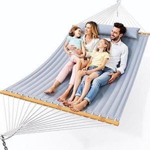Everyfun Double Hammock with Spreader Bar,Soft Pillow,Max Load 500lbs,Portable Hammock for Outdoor,Camping,and Backyard,Dark Gray