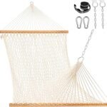 Lazy Daze Hammocks 12FT Double Rope Hammocks, 2 Person Hand Woven Cotton Hammock with Spreader Bar for Outside, Patio, Poolside, FIT 13-15 FT Stand, Max 450 Lbs, Natural, 141 x 57 inches