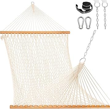 Lazy Daze Hammocks 12FT Double Rope Hammocks, 2 Person Hand Woven Cotton Hammock with Spreader Bar for Outside, Patio, Poolside, FIT 13-15 FT Stand, Max 450 Lbs, Natural, 141 x 57 inches