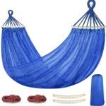 Outdoor Hammock, Super Soft and Breathable Mesh Hammock Made of Cool Nylon with Wooden Bars for Indoor, Balcony, Terrace, Garden, Camping, Backpacking