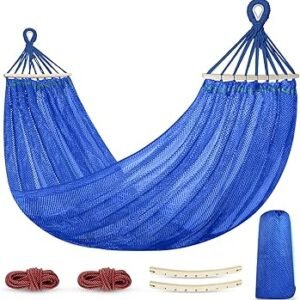 Outdoor Hammock, Super Soft and Breathable Mesh Hammock Made of Cool Nylon with Wooden Bars for Indoor, Balcony, Terrace, Garden, Camping, Backpacking
