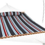 Sunnydaze Quilted Double Hammock for Outside with Spreader Bars and Pillow - 450 lb Capacity, 74x55 Inch Bed, UV Resistant, Quick Dry - Chains Included, Stand Sold Separately - Nautical Stripe