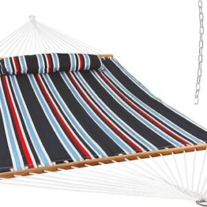 Sunnydaze Quilted Double Hammock for Outside with Spreader Bars and Pillow - 450 lb Capacity, 74x55 Inch Bed, UV Resistant, Quick Dry - Chains Included, Stand Sold Separately - Nautical Stripe