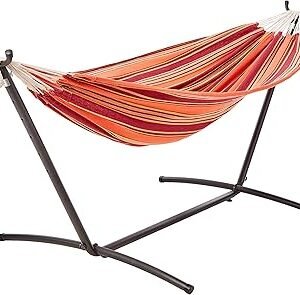 Amazon Basics Double Hammock with 9-Foot Space Saving Steel Stand and Carrying Case, 2 Person, 450 lb Capacity, Sunset Orange Stripe, 110" x 47" x 43", Outdoor