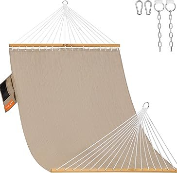 Lazy Daze Hammocks 11 FT Double Outside Hammock Quick Dry Olefin Fabric Hammock with Spreader Bar & Side Pocket for Outdoor Poolside Backyard 450 lbs Capacity, Khaki
