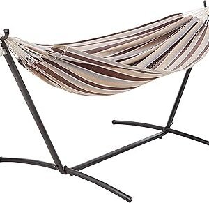 Amazon Basics Double Hammock with 9-Foot Space Saving Steel Stand and Carrying Case, 2 Person, 450 lb Capacity, Cream Wave, 110" x 47" x 43"