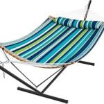 SUPERJARE Hammock with Stand, 2 Person Heavy Duty Hammock with Padded Cotton, Detachable Pillow & Strong Curved-Bar & Portable Carrying Bag, Perfect for Outdoor & Indoor - Dark Cyan