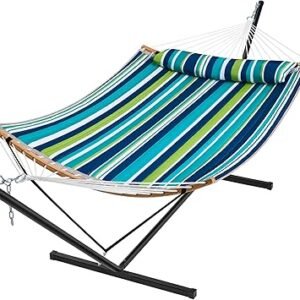 SUPERJARE Hammock with Stand, 2 Person Heavy Duty Hammock with Padded Cotton, Detachable Pillow & Strong Curved-Bar & Portable Carrying Bag, Perfect for Outdoor & Indoor - Dark Cyan