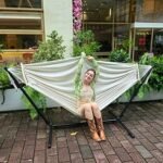 GOCAN Double Hammock 2 Person Large 220x150cm with Steel Stand and Removable Spreader bar Load 500lb, Canvas Cotton Hammocks for Patio Porch Garden Backyard Outdoor and Indoor