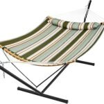 SUPERJARE Hammock with Stand, 2 Person Heavy Duty Hammock with Padded Cotton, Detachable Pillow & Strong Curved-Bar & Portable Carrying Bag, Perfect for Outdoor & Indoor, Retro Green