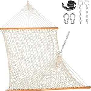 Lazy Daze Hammocks Double Rope Hammock, 2 Person Traditional Outdoor Hand Woven Cotton Rope Hammock with Spreader Bar, Carabiners, Tree Straps, Chains for Patio Yard - Max 450 Lbs, Natural