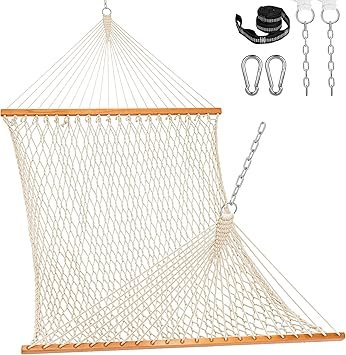 Lazy Daze Hammocks Double Rope Hammock, 2 Person Traditional Outdoor Hand Woven Cotton Rope Hammock with Spreader Bar, Carabiners, Tree Straps, Chains for Patio Yard - Max 450 Lbs, Natural