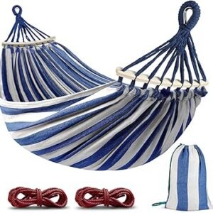 MOSFiATA Hammocks Portable Camping Hammock Upgraded 550lb Comfortable Fabric Hammock with Two Anti Roll Balance Beam and Sturdy Metal Knot Tree Straps for Camping, Patio, Backyard, Outdoor(Blue White)