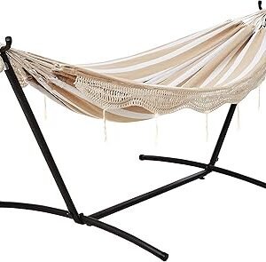 Amazon Basics Double Hammock with 9-Foot Space Saving Steel Stand and Carrying Case, 2 Person, 450 lb Capacity, Beige Stripe with Lace, 110" x 47" x 43"