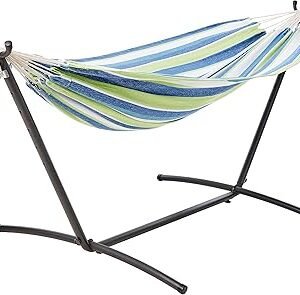 Amazon Basics Double Hammock with 9-Foot Space Saving Steel Stand and Carrying Case, 2 Person, 450 lb Capacity, Cotton Polyester, Oasis Stripe, 110" x 47" x 43"