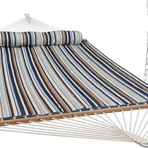 Sunnydaze Quilted Double Hammock for Outside with Spreader Bars and Pillow - 450 lb Capacity, 74x55 Inch Bed, UV Resistant, Quick Dry - Chains Included, Stand Sold Separately - Ocean Isle