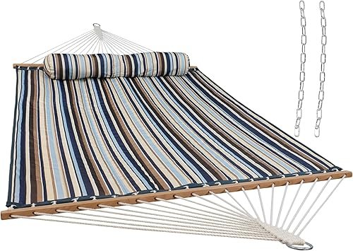 Sunnydaze Quilted Double Hammock for Outside with Spreader Bars and Pillow - 450 lb Capacity, 74x55 Inch Bed, UV Resistant, Quick Dry - Chains Included, Stand Sold Separately - Ocean Isle