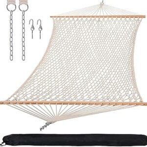 SUNCREAT Hammocks Traditional Rope Double Hammock with Hardwood Spreader Bar and Carrying Bag, 450 lbs Capacity, Natural
