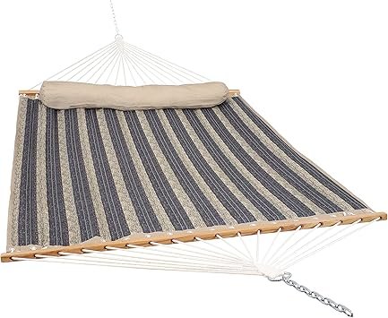 Sunnydaze Quilted Double Hammock for Outside with Spreader Bars and Pillow - 450 lb Capacity, 74x55 Inch Bed, UV Resistant, Quick Dry - Chains Included, Stand Sold Separately - Mountainside