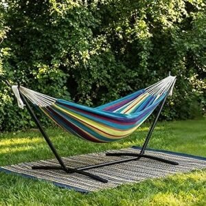 Double Hammock with Steel Stand - 2 Person Hammock Bed Indoor Outdoor, Brazilian-Style, with Carry Bag, 450lb Capacity, Portable & Easy Assembly, Tropical