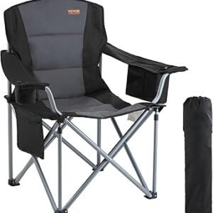 VEVOR Oversized Camping Folding Chair, Portable Heavy Duty Outdoor Quad Lumbar Back Padded with Side Pockets, Cup Holder and Cooler Bag for Beach, Lawn, Picnic, Fishing, Backpacking, Black