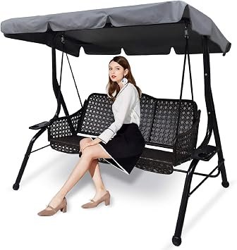 Outdoor Patio Swing Chair Canopy Replacement, 3 Seater Porch Swing Seat Canopy Cover, Waterproof Windproof Anti-UV Heavy Duty Rip Proof Garden Hammock Top Cover, Garden Furniture Covers (Grey, Large)