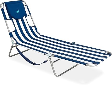 Ostrich Beach Lounge Chair, Folding & Reclining Outdoor Chaise Lounger, Blue/White Striped - Portable Adjustable Recliner Chair for Lawn, Pool, Patio, Garden, and Yard
